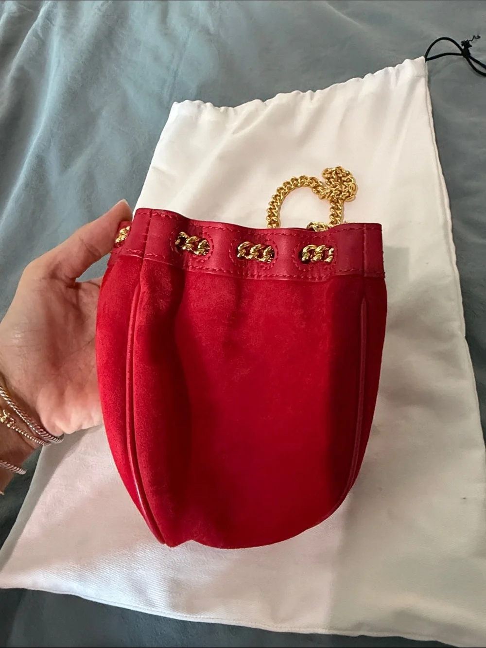 Philosophy di Lorenzo Serafini Red Suede Mini Bucket Bag w Gold Chain / Wristlet